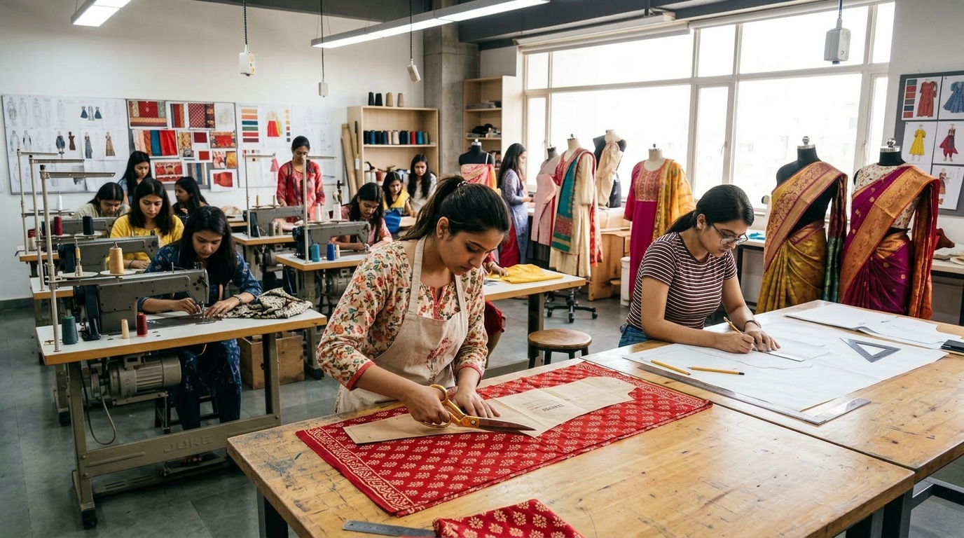 Practical tailoring and cutting workshop at Yeshree Fashion Studio in Sagwara